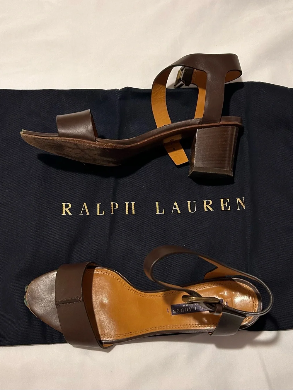 Ralph Lauren Purple Label Brown Leather Ankle-Strap Block Heel Sandals